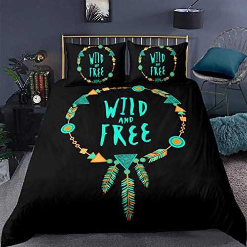 Loussiesd 2 Teilig 155x220 cm Bettwäsche Set Mädchenbettwäsche Kinderbettwäsche Traumfänger Türkis Feder Dekoration Dreamcatcher Bettbezug Set mit Reißverschluss und 1 Kissenbezug 80x80 cm