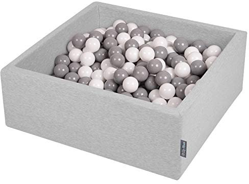 KiddyMoon Bällebad 90X30cm/300 Bälle ∅ 7Cm Bällepool Mit Bunten Bällen Für Babys Kinder Quadrat, Hellgrau:Weiß/Grau