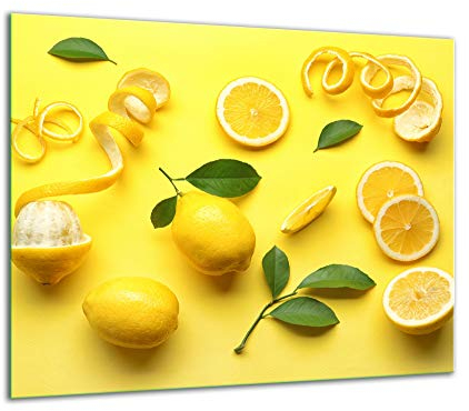 TMK - Plaque de protection en verre - 60 x 52 cm - Pour cuisinière électrique - Protection contre les éclaboussures - Plaque en verre - Décoration - Planche à découper - Jaune - Fruits