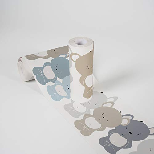 A.S. Création selbstklebende Bordüre - Papierbordüre mit kinderfreundlichen Motiven in Blau, Braun und Weiß - auf 5,00 m x 0,15 m je Rolle