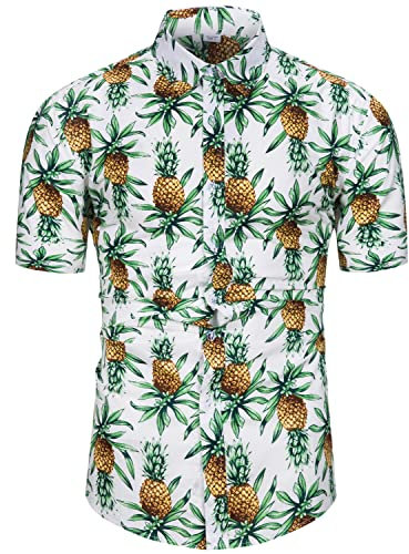 fohemr Funky Hawaiian Shirts for Men Short Sleeve Tropical Button Down Summer Beach Shirts Pineapple Print White Medium