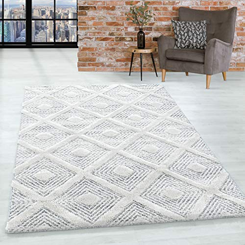 Teppich Wohnzimmer Hochflor Shaggy Teppich 3D Kariert Design 280x370 cm Teppich Grau - Teppich für Schlafzimmer Esszimmer Küche Boho Teppich 20 mm Florhöhe Extra Weich Flauschig Pflegeleicht