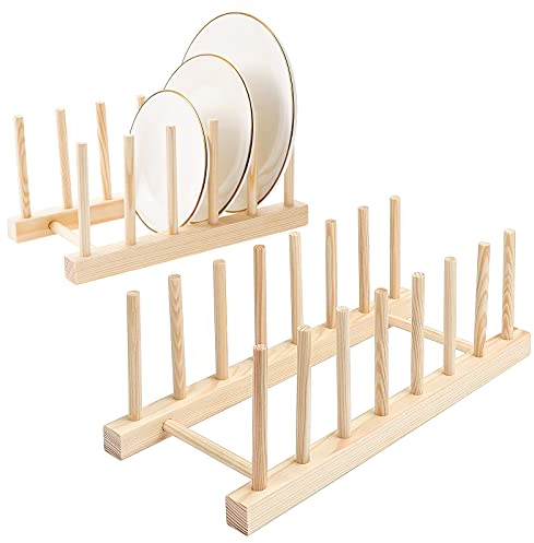 HonGien Küche Geschirrständer, 2 Stück Hölzernes Abtropfgestelle aus Holz, Ständer Topfdeckelhalter, Tablett Abtropffläche für Vorratsschüssel, Geschirr,Tassen,Buch (5 und 7 Steckplätze)