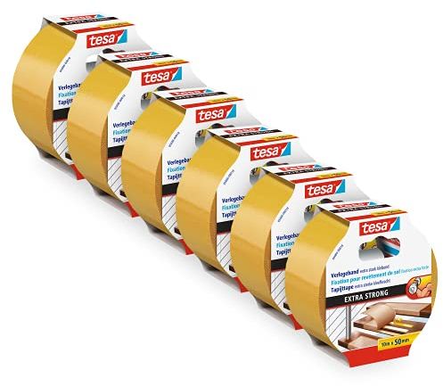 tesa 05686-00500-11 Adesivo Extra Forte in Confezione da 6 Pezzi – Nastro Posa di tappeti e Rivestimenti in PVC – Biadesivo – 10 m x 50 mm, Bianco, 10m x 50mm