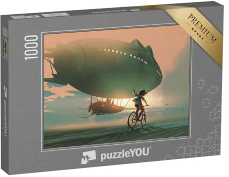 puzzleYOU: Puzzle 1000 Teile „Digitale Kunst: Gute Reise! Fahrradfahrendes Kind winkt einem Zeppelin hinterher“ – aus der Puzzle-Kollektion Illustrationen