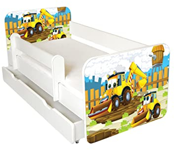 AS-TOR Kinderbett Jugendbett Igor 80x160cm mit Matratze, Schublade und Abnehmbarem Geländer - Bett Schlafzimmer Kindermöbel Kinderbetten für Mädchen Junge, Hochwertige Möbelplatte, Solide Bagger