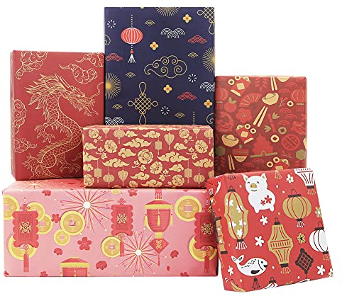 Chinesisches Geschenkpapier, Alles Gute zum Geburtstag zum Vatertag der Mutter, rotes Geschenkpapier, 50,8 x 71,1 cm pro Blatt (6 Blätter: 23 m²) für das chinesische Neujahrsfest 2023, Frühlingsfest