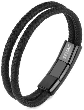 genac Bracelet Double Pour Homme En Cuir Véritable Tressé De Haute Qualité Marron Et Bleu Avec Fermoir Magnétique Amovible En Acier Inoxydable Pour Régler Facilement La Longueur.
