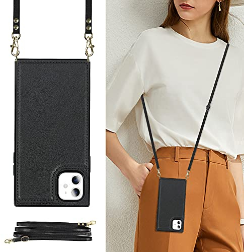 DEFBSC für iPhone 11 Hülle, Lanyard Handyhülle mit Kartenhalter, PU Leder Verstellbarer Crossbody/Halsketten Umhängebandriemen, Necklace Lanyard Handyhülle für iPhone 11 - Schwarz