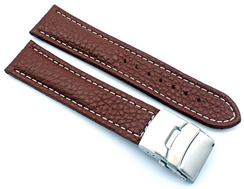 Sulla 18mm Uhrenband Genuine Leder Armband mit Faltschließe aus Edelstahl Hellbraun Weiße Naht