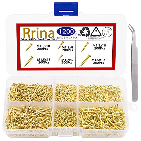 Rrina 1200 Uds pequeños clavos de acero al carbono chapado en latón para madera DIY micro mini clavos M1.2/1.5 surtido kit 6 tamaños