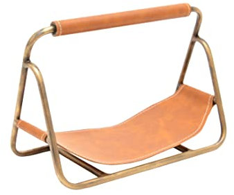 Ivyline Kindling Holder in Antique Brass with Leather - Hanging Design & Practical Handle - Contemporary Fireplace Wood Cradle