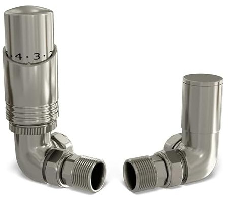UK Radiators Silver Nickel Thermostatic Radiator Valve 15mm Corner Lockshield Valve in Silver Nickel Color and Brushed Finish - Classy and Modern Design 1/2 x 15mm Corner Radiator Valve