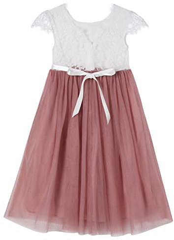Beganly Mädchen Lange Festtagskleider Anmutig Lieblich V-Rücken Spitze Maxi Tüll A-Linie Prinzessin Partykleid Blumenmädchen Kleid Staubige Rose 140 (Dusty Rose)