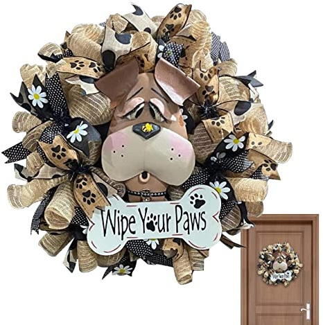 Renywosi Puppy Wreath, Flower Dog Head - Funny Dog Sign with Saying Wipe Your Paws For Farm, Porches, Front Doors, Entrance Decorations