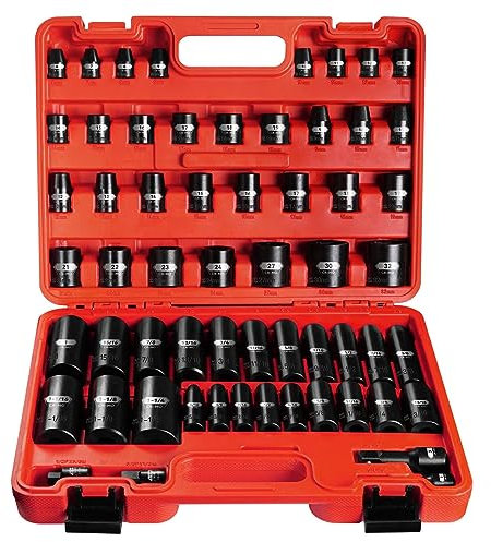 BLACKROBOT 59-teiliges Steckschlüssel-Set, 3/8 Zoll und 1/2 Zoll, metrisch/SAE tief/halb, Cr-Mo, 6-kant, 3/8-1-1/4 Zoll, 9 mm - 32 mm, inkl. Stecknuss-Adapter und Verlängerungsstange, 59-teilig