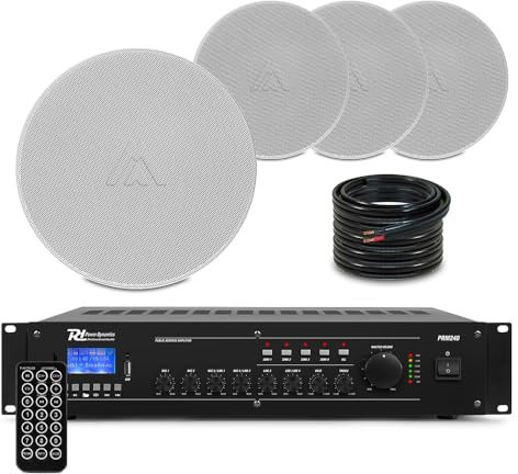 Amate Commercial Ceiling Speaker System with PRM240 5-Channel Mixer Amplifier & 4x CS7 6.5 100V Line Public Address Speakers for Shops, Restaurants & Offices Complete Background Audio Kit