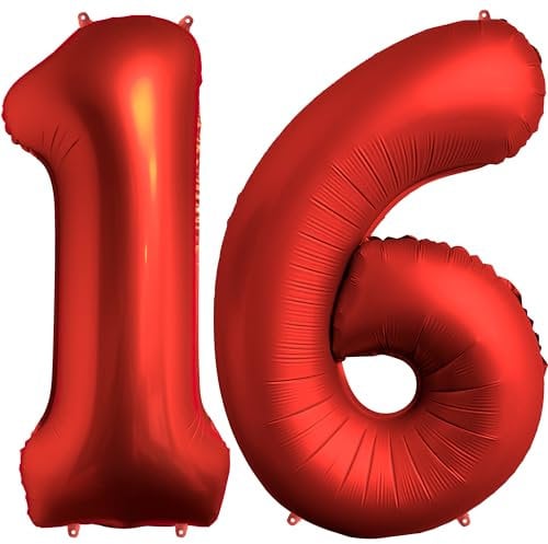 FUNFEST 100 cm rote Chrom-Luftballons zum 16. Geburtstag – Geburtstagsballon-Dekoration – inklusive XL-Ballon zum 16. Geburtstag und Strohhalm – Fliegen mit Helium – Ballon in Premiumqualität