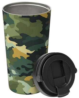 BTCOWZRV Camouflage-Reise-Kaffeetasse, auslaufsicher, auslaufsicher, mit Deckel, isolierter Kaffeebecher, tragbarer Thermobecher, auslaufsicher, wiederverwendbar, Reise-Kaffeetasse für heiß und kalt
