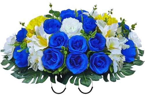 AILVEMEE Fiori artificiali per cimitero, selle per lapidi, fiori per cimitero, lapide commemorativa per tombe, disposizione della sella dei fiori: rosa blu, ortensia gialla