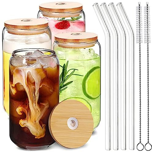 4er Set Glas mit Deckel und Strohhalm, 500ML Dosenförmige Glasbecher, Gläser mit Deckel und Strohhalm, Beer Can Shape Iced Coffee Glass Dosenform für Wasser, Cocktails, Whisky, Soda