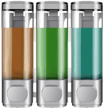 300mL*3 Soap Dispenser,Shampoo Dispenser Wall Mounted for Bathroom,Silver 3 Chamber Simple Human Plastic Body Wash Shower Gel Shampoo Conditioner Soap Dispenser Holder No Drill Set (Silver 300mL*3)