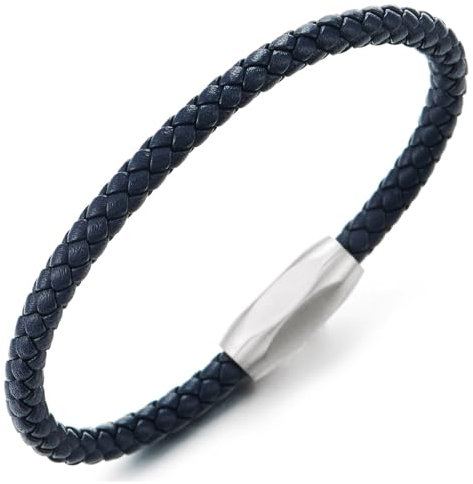 COOLSTEELANDBEYOND Minimalistischen Herren Damen Dünn Blau Geflochtenes Leder Armreif Schweißband Armband, Edelstahl Magnetverschluss