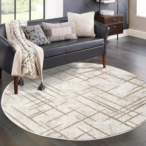 carpet city Teppich Wohnzimmer - Creme - 200 cm Rund - Klassisch Modern - Vintage-Optik, Meliert, Used-Look - Teppiche Kurzflor Schlafzimmer, Esszimmer