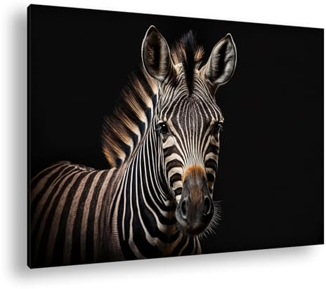 Leinwandbild Zebra mit markanten Streifen, blickt direkt in die Kamera, kraftvoll. Format: 100x70 cm XXL Kunstdruck Bild auf Keilrahmen/Wandbild/Wohnzimmer Deko