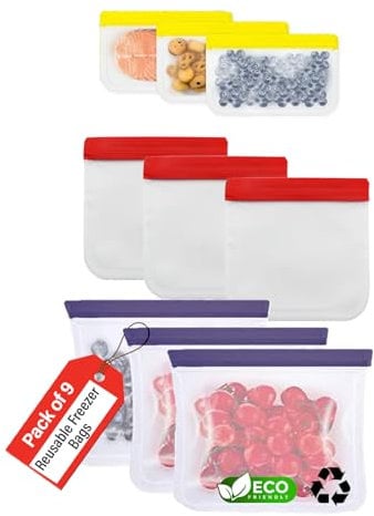 Rohi 9 Pack Reusable Freezer Bags | Leakproof Reusable Food Bags | BPA Free & Eco-Friendly | Zip Lock Bags for Travel, Washable Food Storage Bags for Fresh Lunch, Snacks, Vegetables, Fruits & Soup