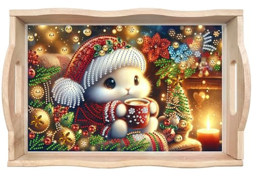 DIY Diamond Art Painting Plateau de Noël, Diamond Art Plateau de service en bois de Noël avec poignées, peinture diamant Crystal Art Plateau en bois Plateau de cuisine-03 Lapin