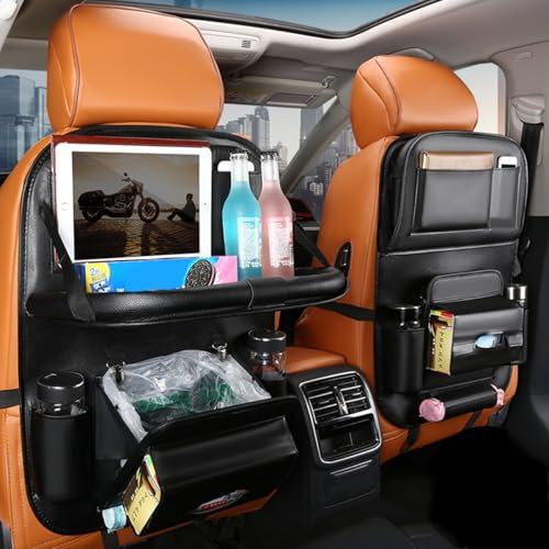 DAYKET Autositz Organizer für Renault Laguna III Hatchback, mit Integrierter Mülltonne und Tisch, Leder Praktischer Autositz Aufbewahrungsbeutel,A/Black