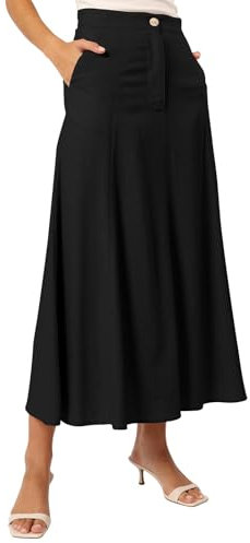 REORIA Damen Baumwolle Midi Rock Elegant Volltonfarben Röcke Dicker A-Linien Rock mit Taschen Schwarz M