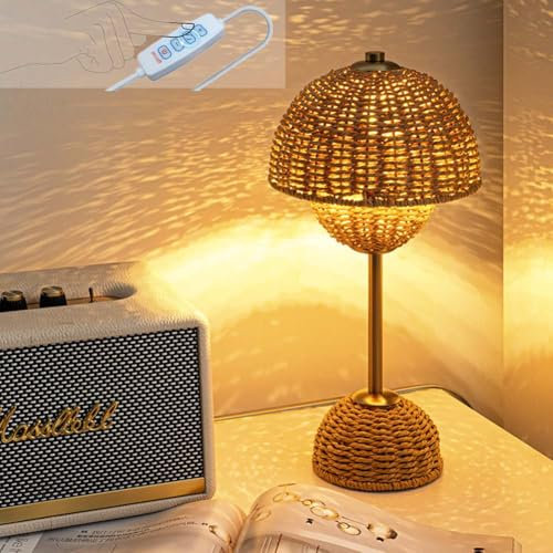 LOGT Modern LED Tischlampe Bambus Weben Tischleuchte Boho Handgefertigter Geflochtener Lampenschirm Nachttischlampe Japanischer Stil Nachtlicht Vintage Dekoratives Leuchte Kleiner Exquisiter