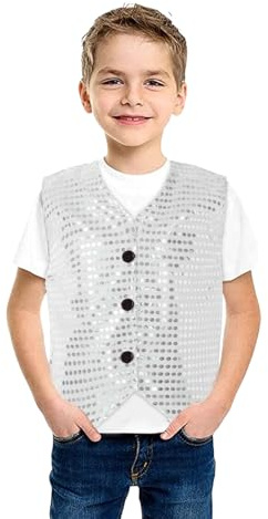 Pailletten Weste Kinder Jungen Ärmellos Anzugjacke Glänzend Party Disco Oberteil Mit Knöpfe Hip Hop Jazz Street Dance Kleidung Tanzkostüm Jungen Glitzer Pailletten Weste Jacke (Silver, 8-9 Years)