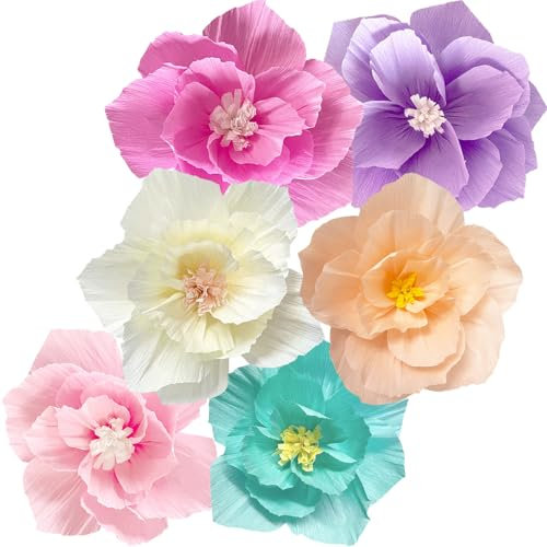 ANSOMO Fleurs en papier crépon artificiel rose violet pastel décoration murale pour mariage, anniversaire, fête prénatale, salle de classe, chambre d'enfant, décorations de fête florales colorées