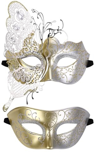 JewelryWe Venezianische Maske Paar Maskerade Maske Metallmaske mit Strass Augenmaske Kostüm Masken Set für Damen Herren Halloween Karneval Party Abschlussball
