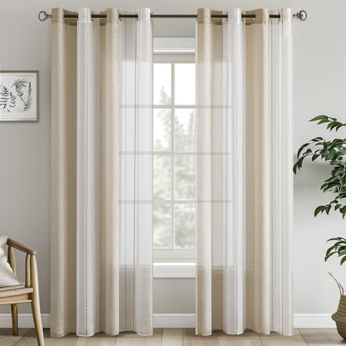 EMEMA Vorhänge mit Ösen Beige-Weiss Streifen 2er Set 140 * 185cm Gardinen | Moderner Wohnzimmer 2er Set Stores Schals mit Ösenschal Halbtransparent Dekorieren Schlafzimmer Vorhang 140x185cm