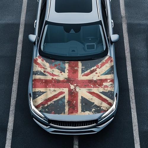 Uskorhein British Flag Car Hood Cover Protector for Most Vehicles Sedans Trucks SUVs, Stretchable Auto Accessories, Tea-Stains British Union Jack Flag Car Bonnet Banner