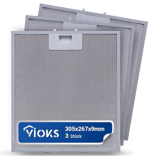 VIOKS 3 filtros de grasa para campana extractora, metal, 305 x 267 x 9 mm, repuesto para campana AEG 405525042/9 Elica GRI0009219A KIT0010805 - Filtro de grasa de metal para campana extractora AEG