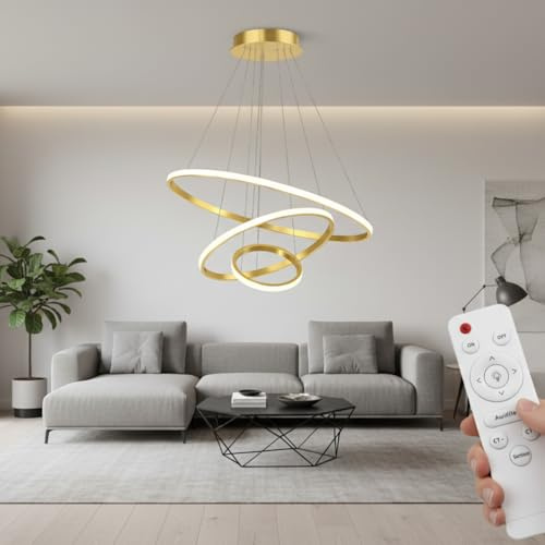 LED Pendelleuchte 3 Ringe Gold 72W 5760lm – Dimmbar mit Fernbedienung – Moderne Hängeleuchte mit einstellbarer Lichtfarbe 3000K–6500K – Höhenverstellbar 100 cm