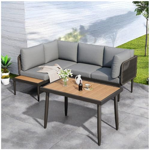 Wyibwy Set di mobili da giardino per esterni, divano combinato a 4 posti, divano angolare + tavolo da pranzo, tubo d'acciaio zincato, piano del tavolo in plastica, grigio