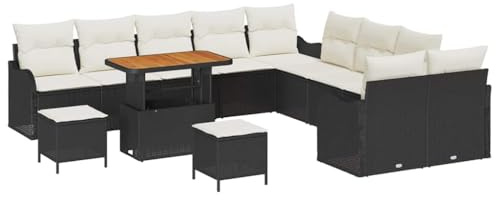vidaXL 13-teiliges Garten-Sofa-Set mit Kissen in Schwarz aus Poly Rattan und Akazienholz. Ideal für Moderne Patios und Balkone. Perfekt für die Terrasse oder als Lounge-Möbel in Frühling und Sommer.
