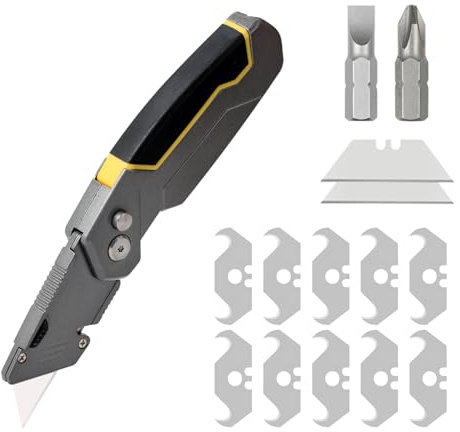 4-in-1 Universalmesser – Faltbares Teppichmesser mit Klingenaufbewahrung, inkl. 2 Trapezklingen & 10 Hakenklingen, Cutter mit Kreuz-/Schlitzschraubendreher für Karton, Teppich & DIY-Projekte