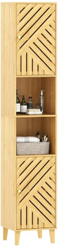 HOMCOM Tall Bathroom Cabinet Freestanding 32x30x170 cm Natural Wood Finish | Slim Design, Bamboo Doors and Legs, Open Compartments, Adjustable Shelves