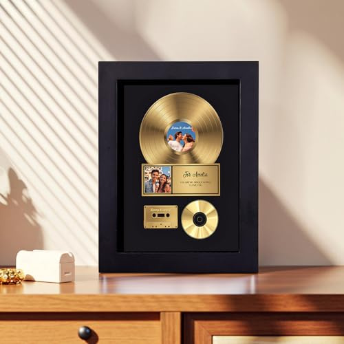 Soview Personalisierte Goldene Schallplatte Personalisiert Spotify Bilderrahmen mit Foto & Text, Fotogeschenk zum Geburtstag Wand Bilder Deko Personalisierte Geschenke für Paar Freundin Frauen Männer