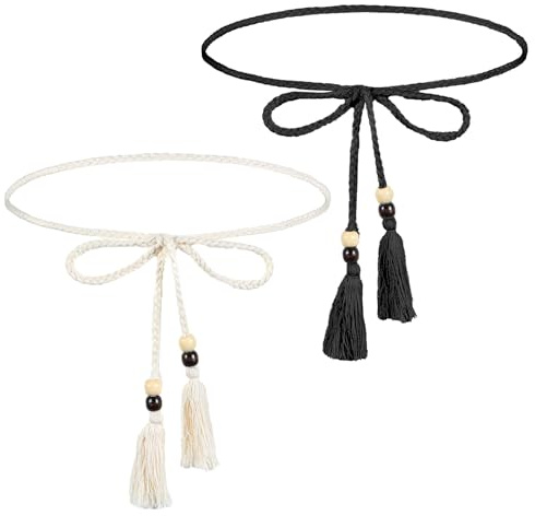 Bremorou Elegant Women's Rope Belt With Tassel White Rope Belt Macrame Belts For Women Braided Waist Tie Trendy Boho Thin Belts（White,Black）