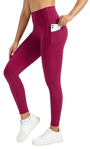 Enjoyoga Sport Leggings Damen mit Tasche - High Waist Sporthose Damen Gym Leggings Laufhose für Sport Gym Yoga (DE/NL/SE/PL, Alphanumerisch, Einheitsgröße, Regular, Regular, S-M, Beeren Rot)