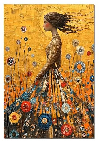 XIANGPEIFBH Gustav Klimt-Stil, „Das Mädchen im goldenen Kleid“, Leinwandgemälde, Wandkunst, Heimdekoration für Wohnzimmer, Schlafzimmer, Dekoration (75x110cm (30x44 Zoll), Innenrahmen)