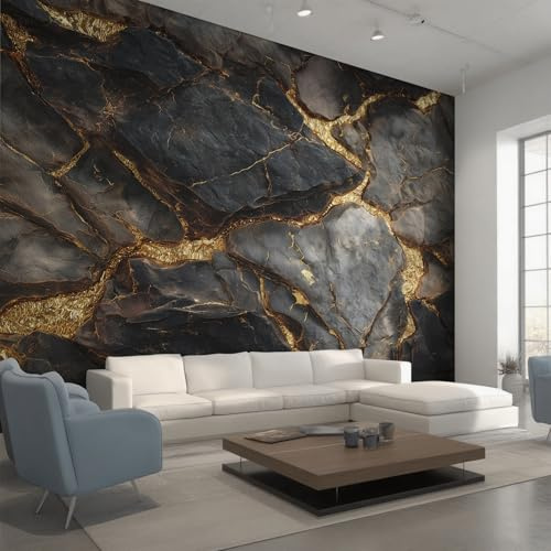 Generisch Tapete Marmor Schwarz Gold, Abstrakte Moderne Textur Fototapete Wohnzimmer Schlafzimmer Tapeten, Vliestapete Wandtapete, Mustertapete Wanddeko 450x315 cm (B x H) Y&W14